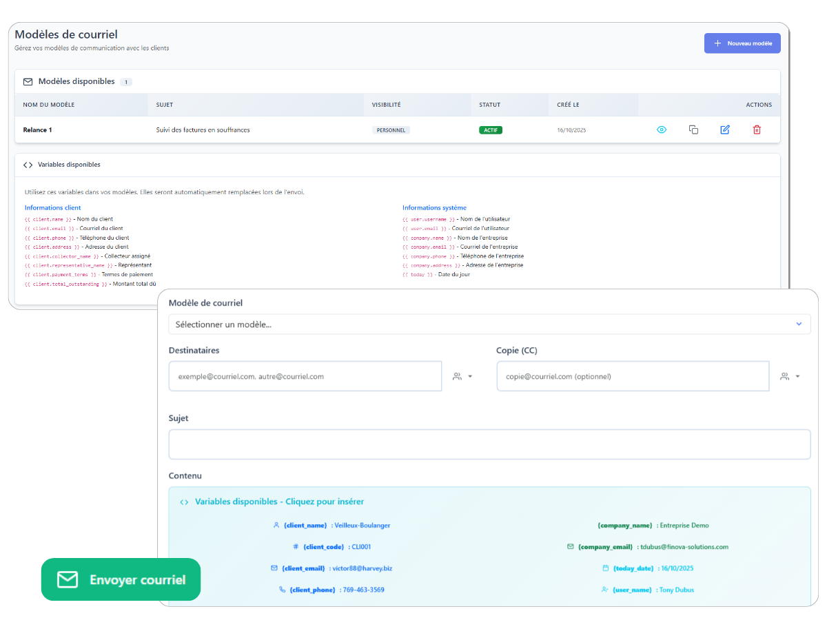 Éditeur de modèles d'emails de relance personnalisables - Finov'Relance