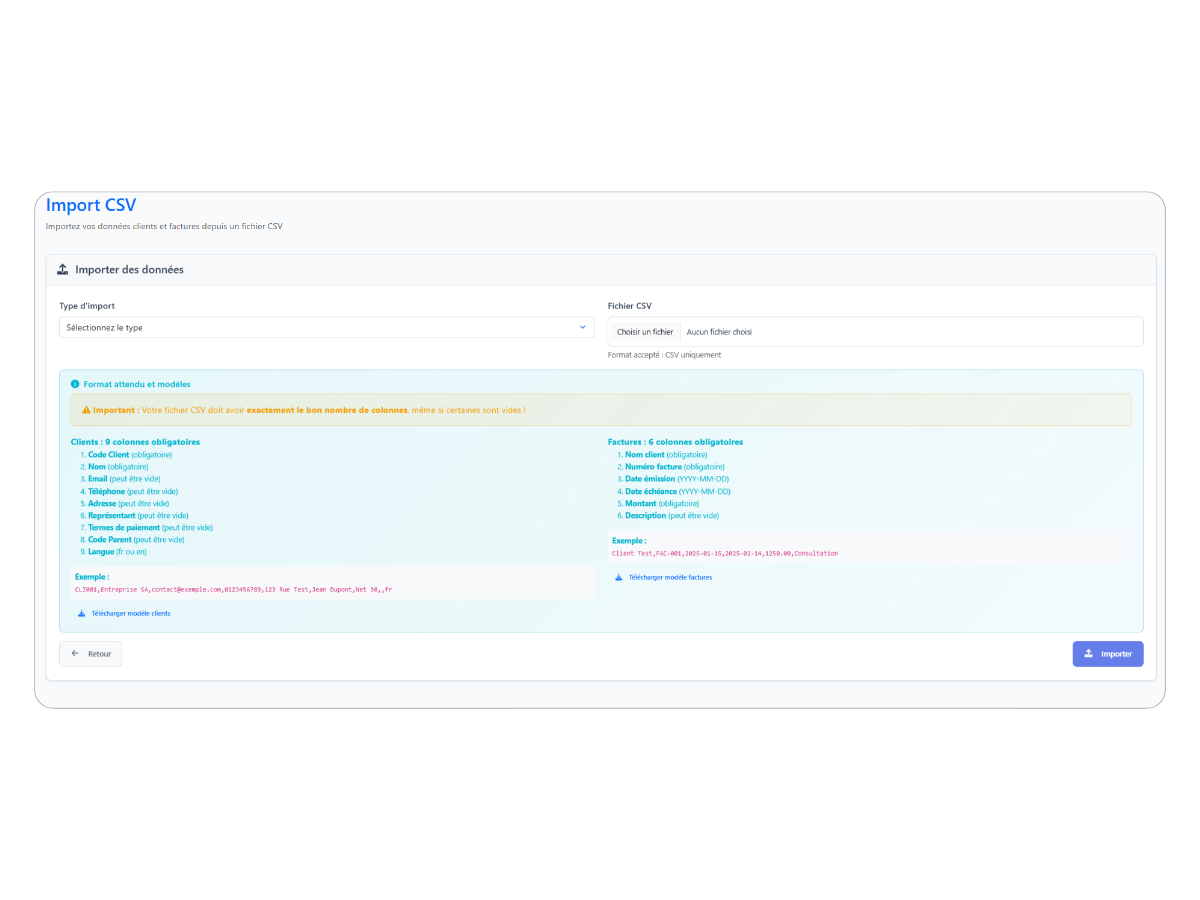 Système d'importation CSV avec validation automatique - Finov'Relance