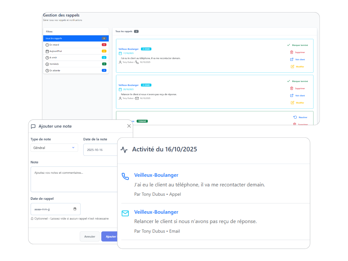 Système de notes et rappels pour suivi client - Finov'Relance