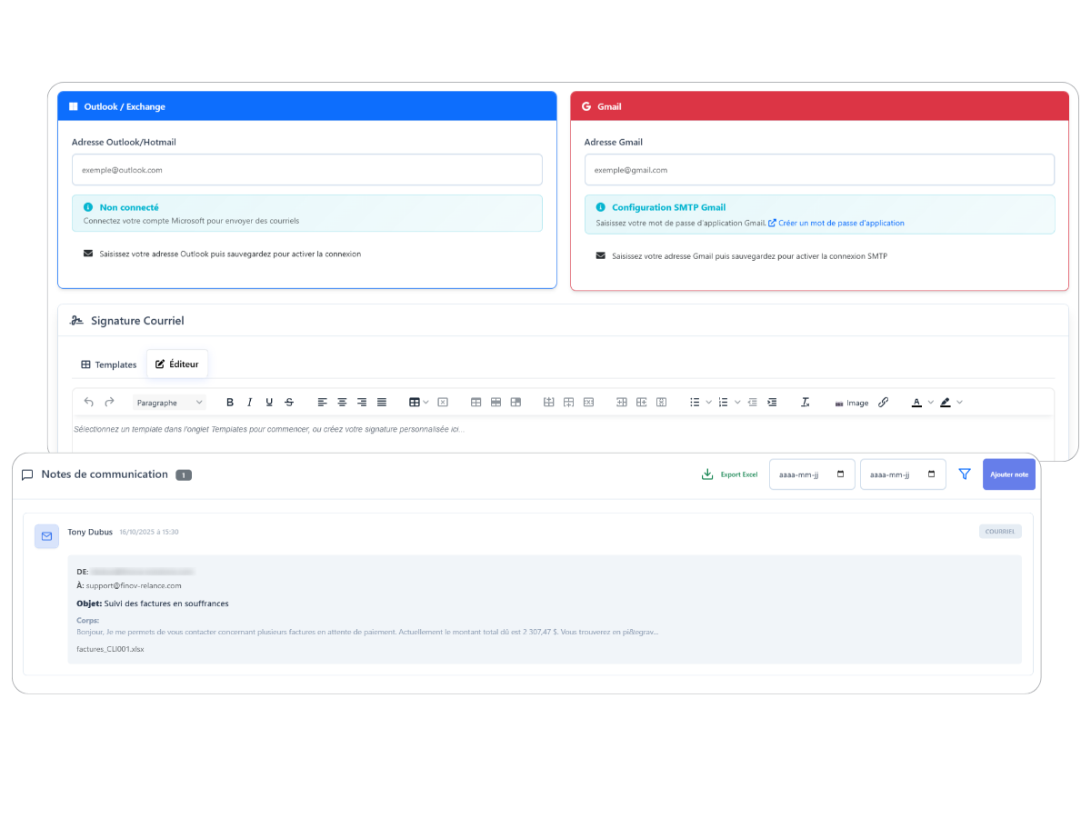 Interface d'envoi d'emails de relance avec historique automatique - Finov'Relance